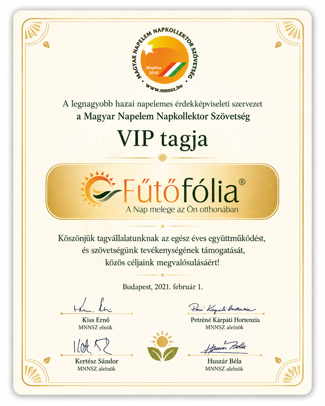 Magyar Napelem Napkollektor Szövetség – VIP tag
