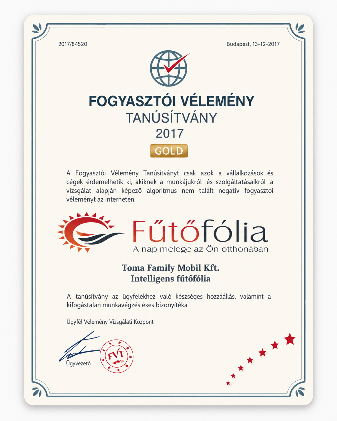 Fogyasztói Vélemény Tanúsítvány